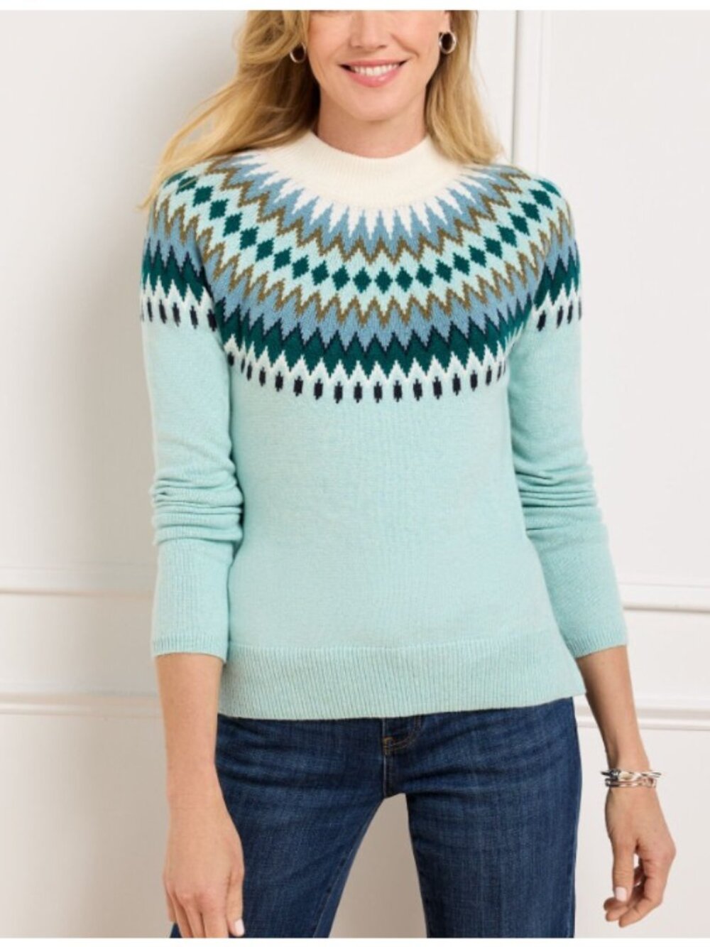 NWT TALBOTS Petite Large PL Mockneck Chevron Fair Isle Nordic Sweater Ice Green